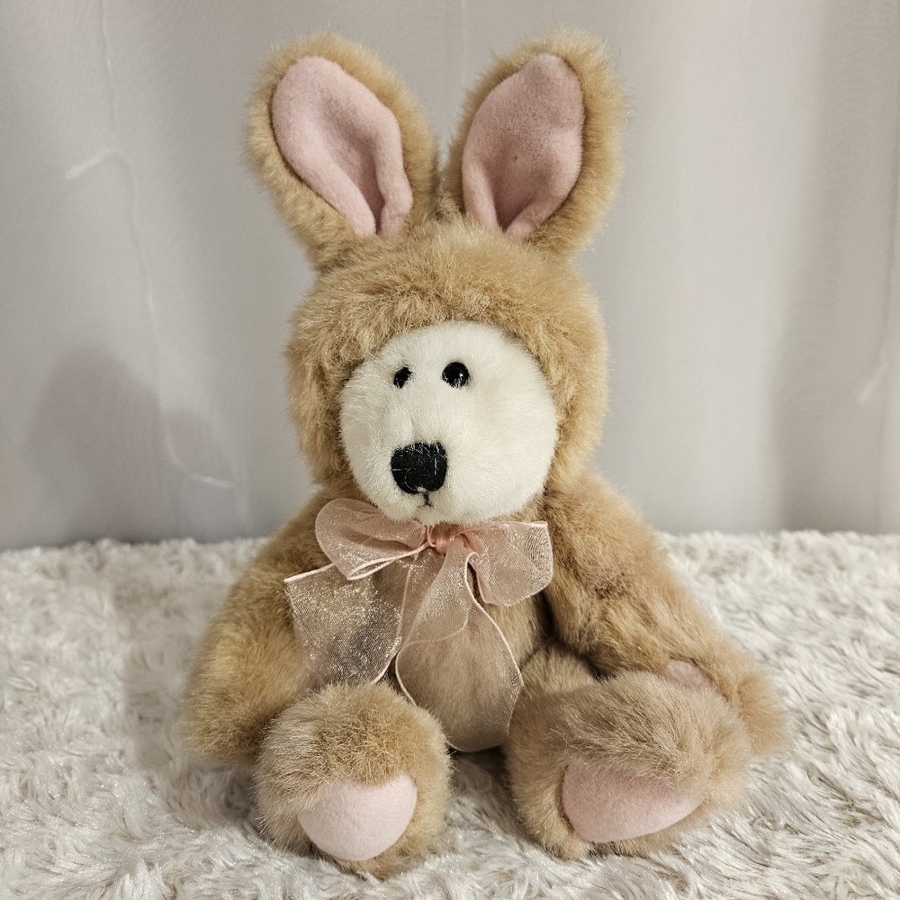 G.A.C. - Vintage Jointed White Teddy Bear In Bunny Costume Plush - 1998